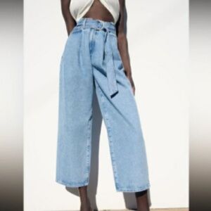 ZARA Blue Belted High Rise Wide Leg Barrel Jeans Size 4 NWOT